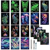 16 Hojas Scratch Art, Noctilucente Papel Negro para Rascar y Dibujar A4 con...