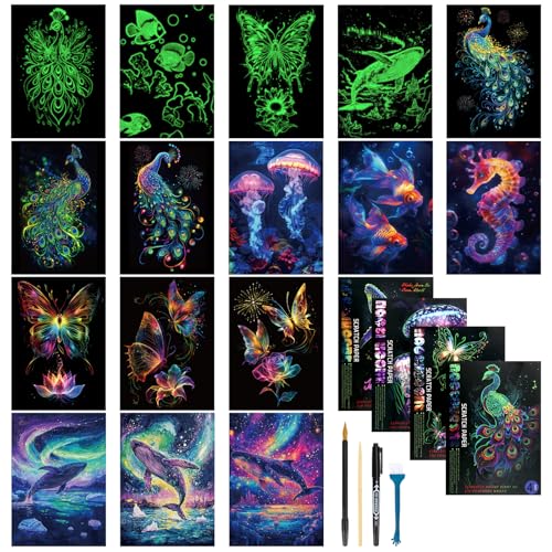 16 Blätter Kratzbilder Erwachsene Leuchtend Kratzpapier A4 mit 4 Werkzeugen 29 x 21cm Meereswelt+Wal+Schmetterling+Pfau Kratzbild Kreative Scratch Painting für Erwachsene DIY-Handwerk