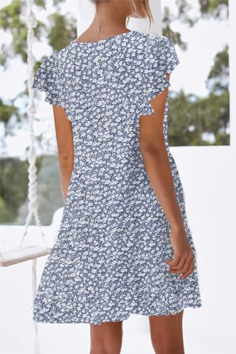 Image of nclook Womens Summer Casual Dresses Sweet Cute V Neck Mini Dress with Pockets Ruffle Short Sleeve