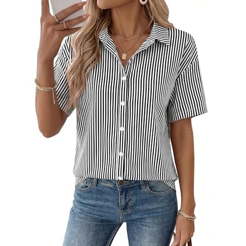 Rapbin Womens Short Sleeve Button Down Shirts Casual V Neck Collared Blouses Work Tops
