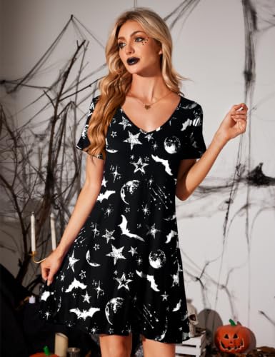 Image of JollieLovin Women T Shirt Plus Size Summer Swing Dresses Short Sleeve V Neck Loose Casual Dress(L-5X)