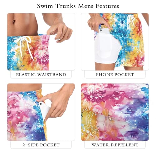 Mens Swim Trunks with Liner, Shibori Tie Dye Print Cool Quick Dry Beach Swim Shorts, Swimwear Bathing Suits S3