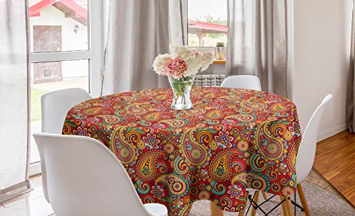Lunarable Paisley Round Tablecloth, Oriental Paisley Pattern Persian Culture Inspired Swirls And Style Flowers, Circle Table Cloth Cover For Dining Room Kitchen Decoration, 60", Dark Coral #TOP15