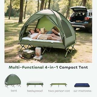 Outsunny 2-Person Tent Cot, 4-in-1 Elevated Camping Bed Combo with Air Mattress, Bed Cover, Foot Pump, Folding Off Ground Double Tent for Camping, Hiking, Backpacking
