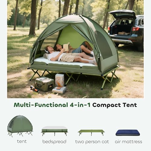 Outsunny 2-Person Tent Cot, 4-in-1 Folding Tent Combo with Air Mattress, Foot Pump, Carry Bag, Off Ground Travel Cot for Camping, Hiking, Backpacking