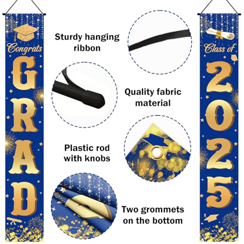 Image of AIBIIN Blue and Gold Graduation Decorations, Class of 2025 Graduation Backdrop Banner Proch Sign 2025 Congratulations Grad Party Supplies Decorations