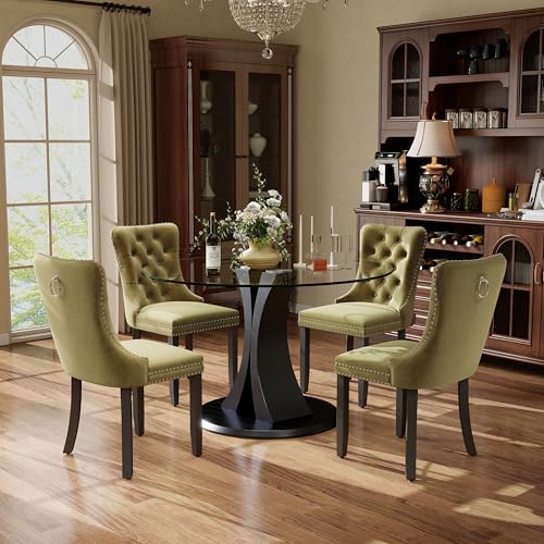 Image of 5-Piece Dining Table Set with 39In Tempered Glass Table and 4 Velvet Upholstered Chairs, Modern Scandinavian Furniture for Dining Room Kitchen(Olive Green)