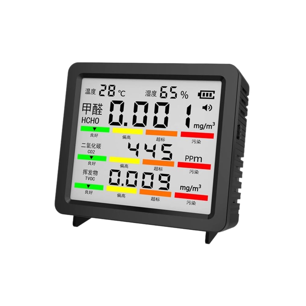 Jnchdghwa Black Large-Screen Temperature And Humidity Detector, Co2, Formaldehyde, And Tvoc Detector,Multi-Functional Air Detector