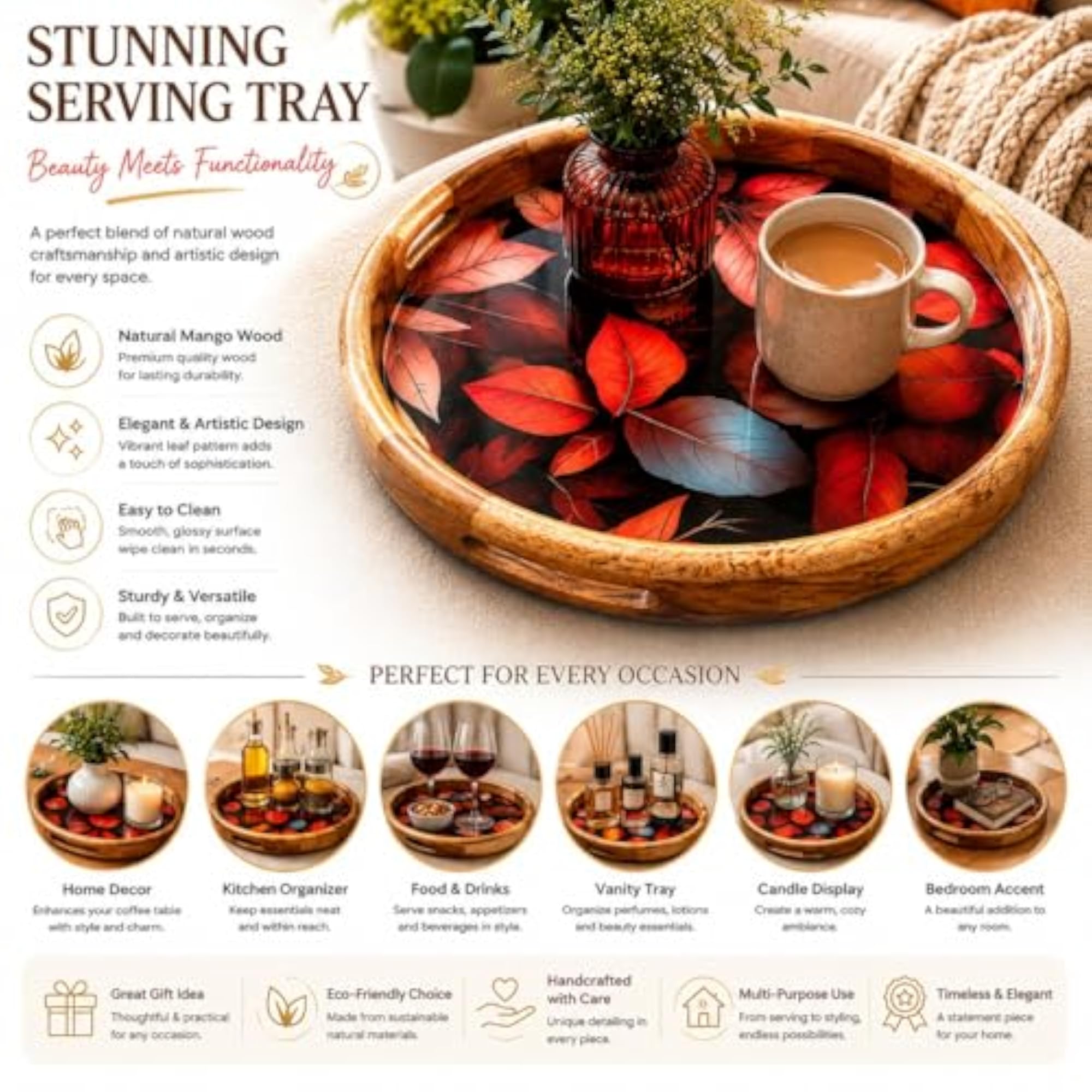 Royal Bloom Mango Wood Serving Tray, Handcrafted Design