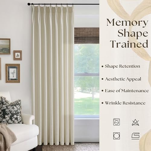 Image of Warm Oatmeal Linen Curtains 84 Inches Long Pinch Pleated Semi Sheer | Neutral Flax, for Living Room Bedroom, Back Tab, Light Filtering, Thick Drapes, Hooks Rings, Window, W50xL84, 1 Panel