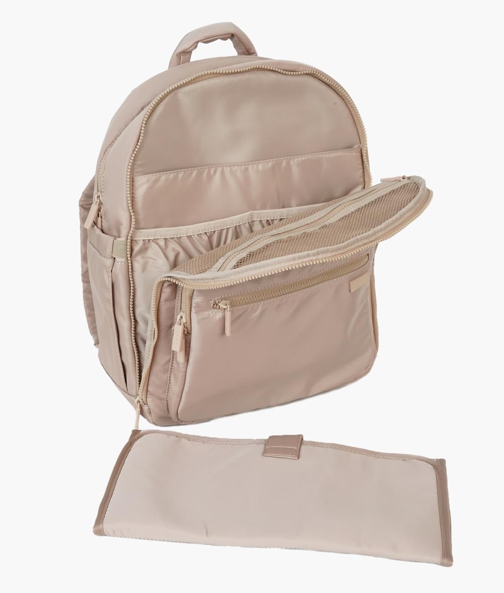 FAWN DESIGN Nylon Diaper Bag Backpack with Changing Pad, Beige Backpack Diaper Bag with 11 Interior and 5 Exterior Pockets, Padded and Adjustable Straps for All Day Comfort, 16x13x7 inches