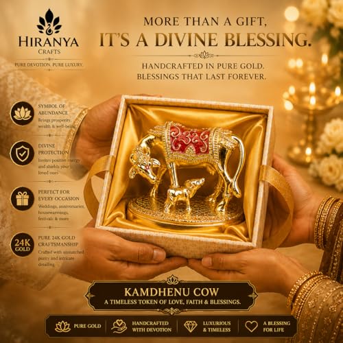 Image of 24k Gold Plated With Hand-Painted Mina Kamdhenu Cow with Calf | Attracts Prosperity | Vastu Gift Housewarming | Certificate of Authenticity | Luxury Gift Box Included (Gold Mina, 2.5 Inch)