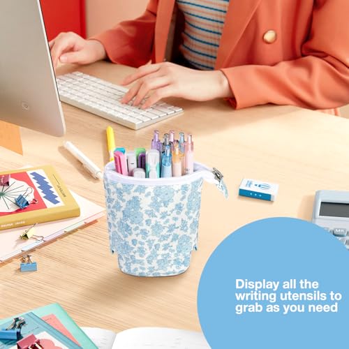 Image of Cute Standing Pencil Case Pen Holder for Kids, Pop Up Stand UP Bubble Tea Pen Organizer Kawaii Stationary for Christmas Holiday New Year Office (Blue flowers)