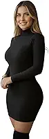 Vestido Midi Feminino Canelado Gola Alta Colado Elegante Manga Longa Inverno Preto P ao GG
