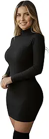 Vestido Midi Feminino Canelado Gola Alta Colado Elegante Manga Longa Inverno Preto P ao GG