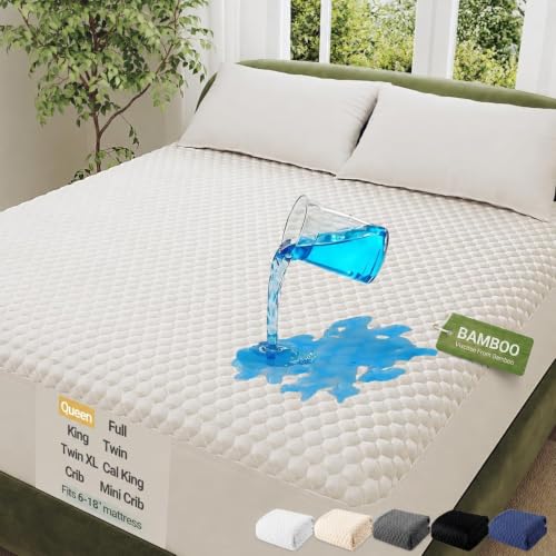 OhGeni 100% Waterproof Mattress Protector Queen Size Mattress Soft Pad Pet Hair & Bedwetting Resistant Cooling Breathable Fitted Sheets Washable Bed Cover Over 99 Count Hex Bumps