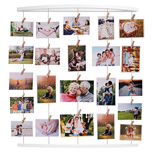EASTERNSTAR Marco de Fotos de Pared de Madera con Cuerdas de Metal y 32 Pinzas de Madera, Decoración Personalizable de la Pared (White)