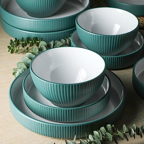 Image of Christian Siriano Larosso 12-Piece Stoneware Dinnerware Set with Dinner Bowls and Pasta Bowls, Plates and Bowls Set, Dish Set for 4, Green