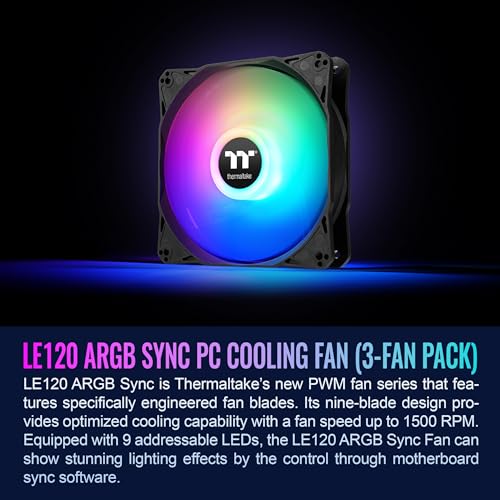 Image of Thermaltake LE120 ARGB PWM Fan (3 Pack), PWM controlled 500~1500 rpm, 5V Motherboard Sync, 16.8 Million Colors 9 Addressable LEDs, Airflow 66.1 CFM, 120mm Hydraulic Bearing, Case Fan, CL-F204-PL12SW-A