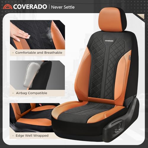 Image of Coverado Seat Covers Full Set, Brown Car Seat Covers, PU Leather & Breathable Mesh Seat Protectors, 5-Piece Automotive Seat Covers, Universal Fit for SUVs, Trucks, Sedans