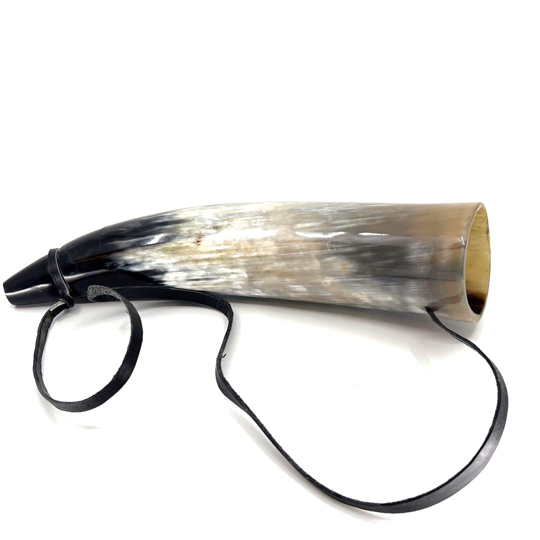 Ochsenhornhorn mit Lederband, Wikinger-Kriegs-Blashorn, Trompete, 25,4 cm, dunkel poliertes Blashorn, Trompeten-Stil, Jagdhorn, perfekt für Nachspielen