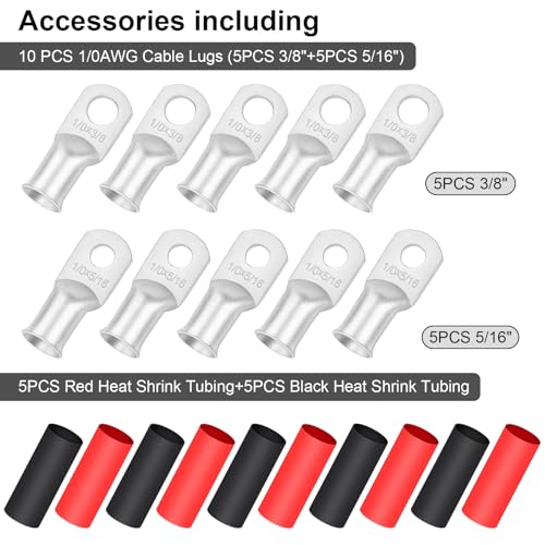 Image of 1 /0 Gauge Welding Cable,iGreely 1 /0 AWG Pure Copper Battery Welding Wires for Auto Solar Generator,5pcs of 5 /16 inch inch& 5pcs 3 /8 inch inch Copper Lug Terminal Connector with Heat Shrink Tubing 5Ft Black+5Ft Red