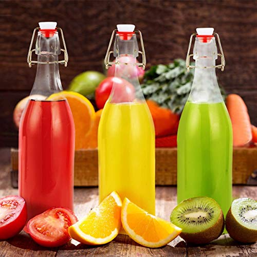 Image of Flip Glass Bottles to store homebrew, oil, vinaigrette, wines, beer, teas, Swing Top Easy Cap Clear, Round, 1000 ml, Set of 2, Clear.
