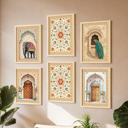 Image of NoWorries Wall Art Hangings /Paintings for Wall decoration - Decorative Wall frames for Living room /Bedroom Office - Traditional Indian Wall Posters with Frame ''300 GSM Premium Poster Paper Print'' (Pattern-Traditional Art) Synthetic Wooden Frames Set of 6 (10x13inches inchMulticolor inch) (ART-11)