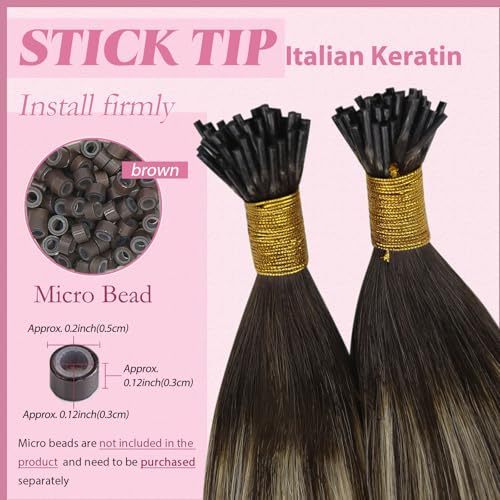 Image of YoungSee I Tip Extensions Balayage, I Tips Hair Extensions Real Human Hair, Ombre Dark Brown with Ash Blonde, Itip Human Hair Extension, 18 Inch 55 Strands 50g, for All-day Wear