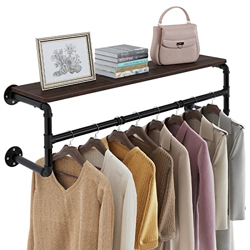 Image of GREENSTELL Clothes Rack Wall Mounted, 45.5in Shelf with Hanging Rod, Industrial Pipe Clothing Rack for Hanging Clothes, Space-Saving closet shelves, Multi-Purpose Hanging Rod for Bedroom, Laundry Room