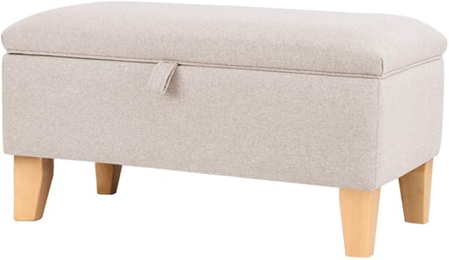 INMOZATA Linen Fabric Footstool Storage Upholstered Ottoman Pouffe Stool Change Shoe Footrest Wooden Legs for Living Room Bedroom Beige