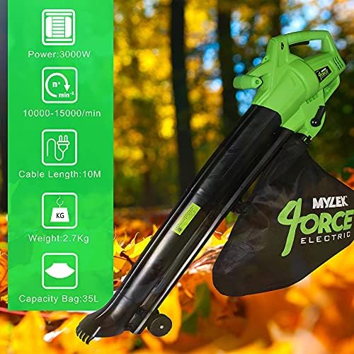 Mylek Leaf Blower And Vacuum - 3000W Garden Shredder Mulcher And Rake , 6 Variable Speeds, 10m Power Cable, UK PLug, 2 x 35L Large Collection Bags, 10:1 Mulching Shredding Ratio, Lightweight