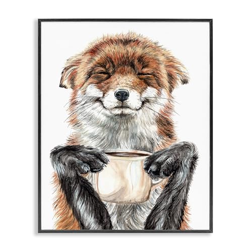 Stupell Industries 'Happy Fox with Coffee', Framed Giclee Art, Black, 16 x 20 Inches, Easy to Hang and Sturdy, Made in USA, by Holly Simental