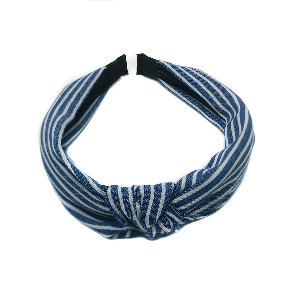 Blue Denim Knot Headband Stripe Pattern Cross Knotted Design Non Slip Hair Hoop Stylish Hair Accessory for Women and Girls Daily Wear and Various Occasions