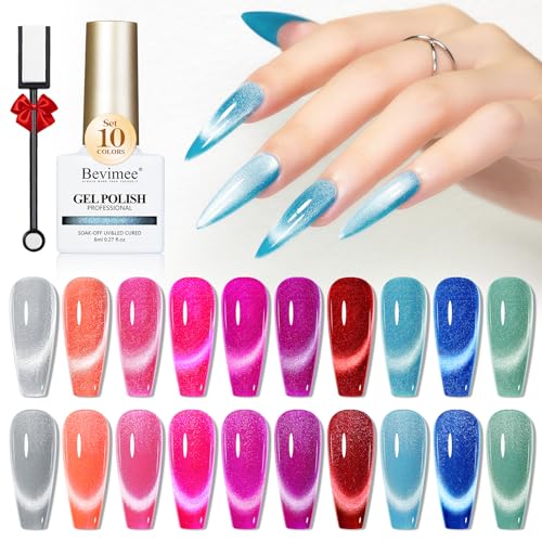 Neon Cat Eye Gel Nail Polish Set 10 Colors: Magnetic Cateye Gel Polish 9D Effect, Sparkle Glitter Bright Red Hot Pink Blue Nail Polish Long Lasting Soak Off Home Salon