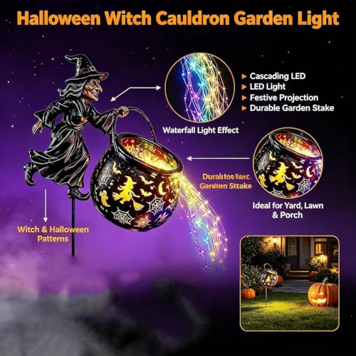 Caldero de bruja de Halloween para jardín con luces LED de cascada colorida 8