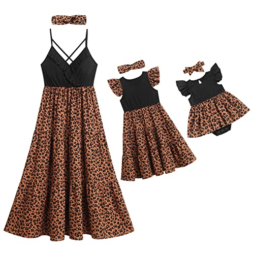 Mommy and Me Matching Dresses Leopard Print Ruffle Sleeveless Dress Spaghetti Straps V Neck Summer Beach Hawaiian Vacation Mom Daughter Matching Outfits with Headband Black Brown Leopard 9-12 Months