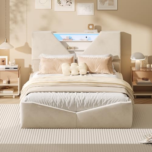 BLSYHDH Cama Doble Tapizada 160x200,Cama con Almacenamiento HidráUlico,Camas Acolchadas con Led,Camas Matrimoniales,Cama Funcional Juvenil,Cama BaúL (Blanco Roto+Terciopelo-A)