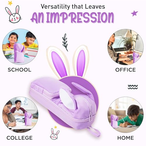 Image of DEOXY Polyester Large Capacity Pencil Pouch for Girls & Boys with 3 Zippers & 5 Compartments | Waterproof Aesthetic Cute Bunny Ears Standing Pencil Case for Kids, Multiutility Pouch (Purple /Lilac)