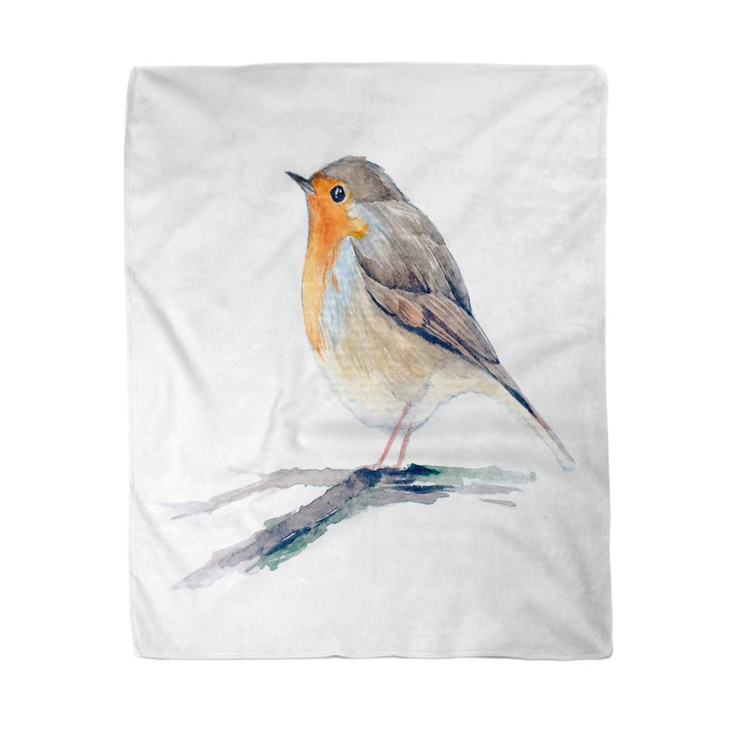 Topyee 150x200 cm Throw Blanket Colorful Robin Redbreast Bird Branch European Watercolor Animal Orange Warm Cozy Print Flannel Home Decor Comfortable Blanket for Couch Sofa Bed