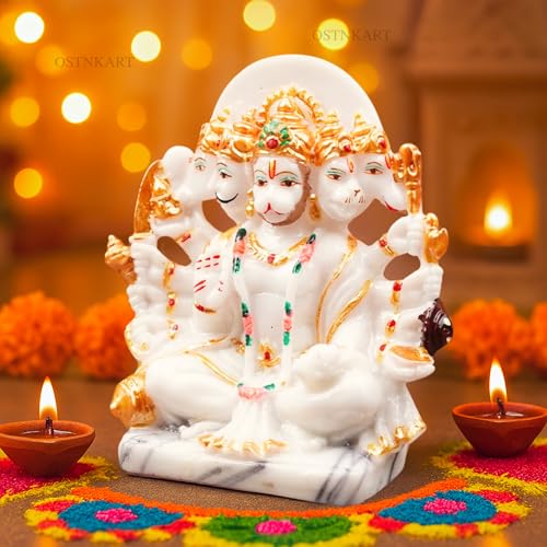 Image of Resin Hanuman Ji Murti Panchmukhi Hanuman for Door Entrance Temple Home & Office Decor Living Room Decoration Gift for New House Warming ceramony, 12.7 x 6.3 Cm, Marble White