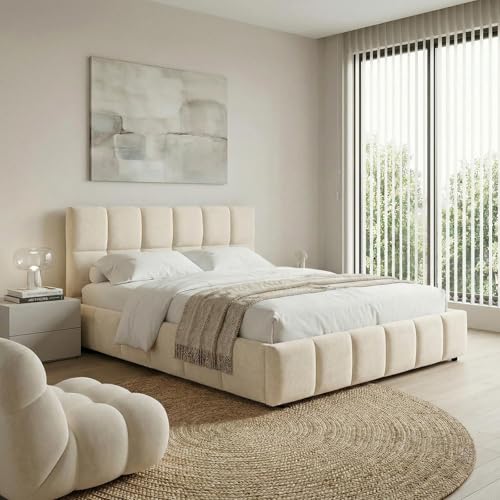 IDIMEX Lit Double Emilia, Rembourré 140 x 190 cm, Blanc Crème, avec Sommier à Lattes Inclus, Design Bubble, Tête de Lit Capitonnée, Confort Optimal, Style...