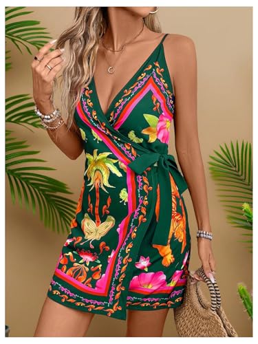 Women's Tropical Print Cami Dress Sleeveless Wrap V Neck Tie Knot Boho Short Dresses4