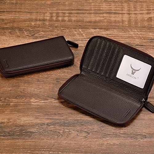 Image of HISCOW Leather Checkbook Cover, Zippered Wallet, Pebbled Coffee | Full grain cowhide, 5cc & ID window, personal check book & register pockets, removable duplicate divider, women secure zipper