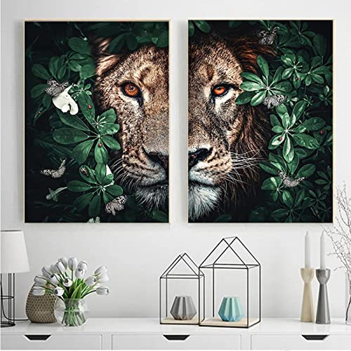 Green Jungle Paire de Lions Street Art Dessin Toile Peinture Animaux Affiches Image Salon Mur Art Décor À La Maison 60x80cm-2pcs Sans Cadre Cover