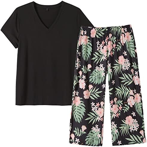 Vozanet Women's V Neck Sexy Pajama Sets Capri Sleepwear Elegant Floral Patterns Nighty Plus Size S-4XL, Black-Floral, Large