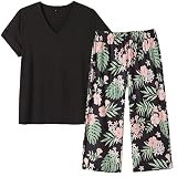 Vozanet Women's V Neck Sexy Pajama Sets Capri Sleepwear Elegant Floral Patterns Nighty Plus Size S-4