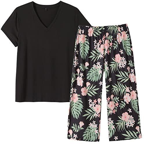 Vozanet Women's V Neck Sexy Pajama Sets Capri Sleepwear Elegant Floral Patterns Nighty Plus Size S-4Xl, Black-Floral, Large #TOP6
