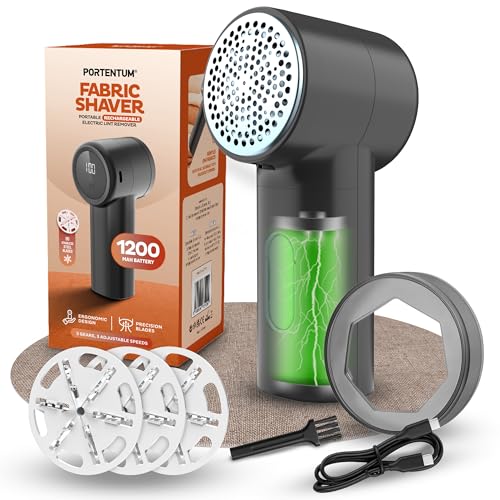 PORTENTUM Levapelucchi Elettrico – Display LED, 3 Velocità 9.000 RPM, Lama a 6 Foglie, 2h di Autonomia, Togli Pelucchi Elettrico Ricaricabile USB C, Compatto e Potente per Abiti e Tessuti per la Casa