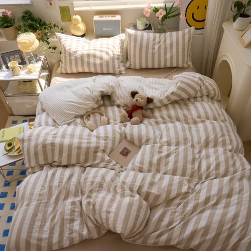 Image of VM VOUGEMARKET Khaki Striped Duvet Cover Set Queen Teens Boys Girls Dorm Bedding Set Soft Lightweight Reversible Microfiber Farmhouse Duvet /Quilt Cover-90 x90,Khaki White